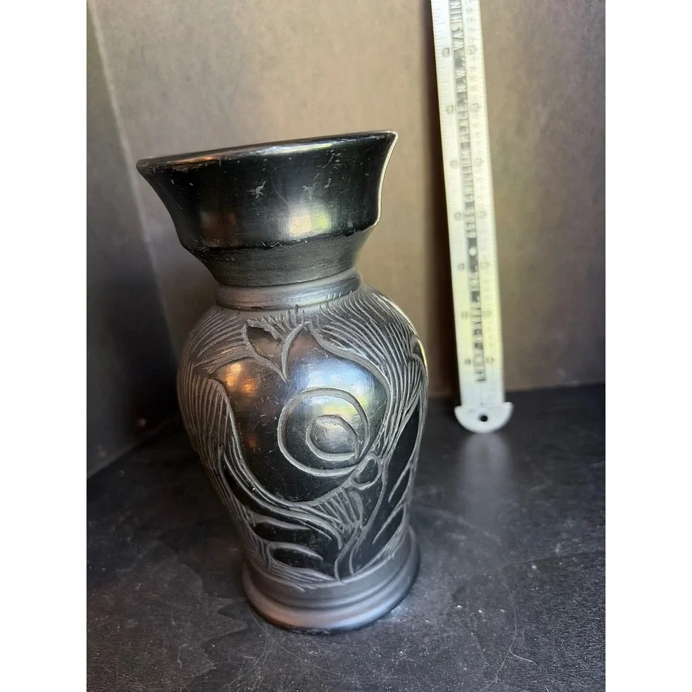 Vintage Hand Carved Black Pottery Floral Etched Vase Folk Art 6 Inch